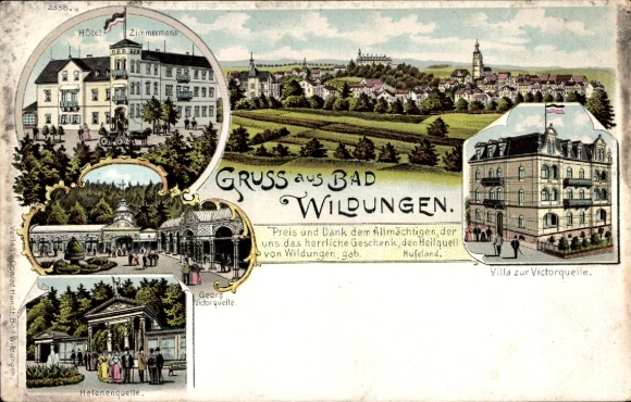 Chromo-Litho Bad Wildungen in Hesse, Hotel Zimmermann, Georg Victorquelle, Helenenquelle, Villa