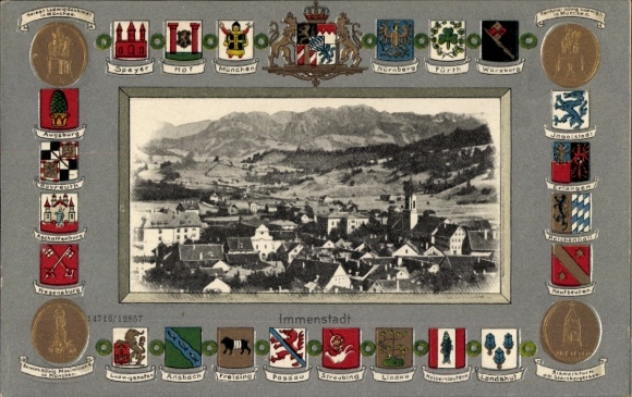 Embossed passepartout coat of arms Postcard Immenstadt im Allgäu Swabia, general view
