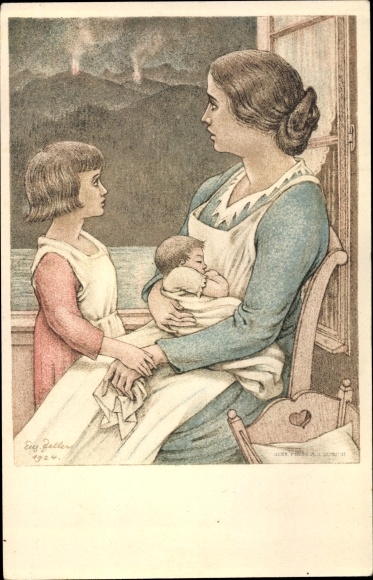 Postwaardekaart ansichtkaart Zeller, Eug., moeder met kinderen, nationale viering 1924