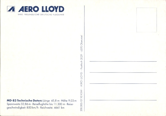 Postcard German passenger aircraft, Aero Lloyd, McDonnell Douglas MD 83