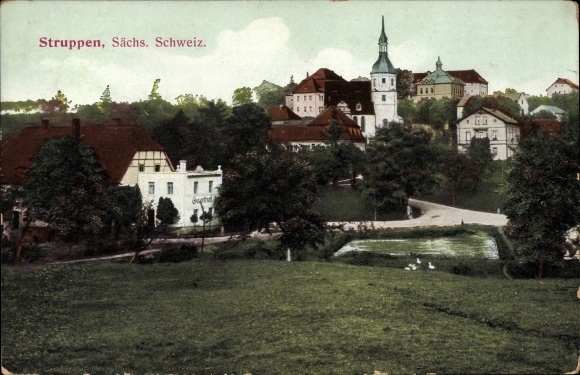 Postcard Struppen in Saxony, middle inn, church