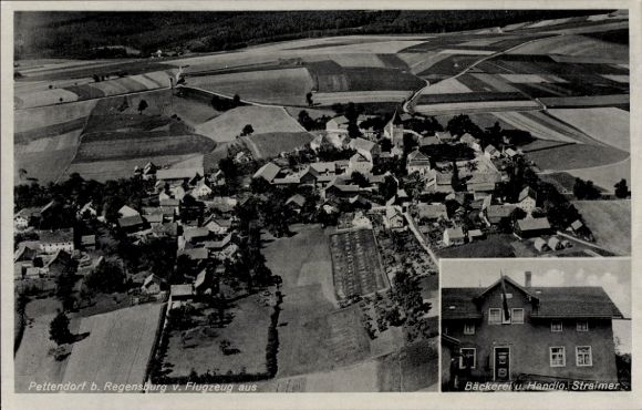 Postcard Pettendorf (near Regensburg) in the Upper Palatinate, aerial photograph of Pettendorf, Handio bakery, Straim