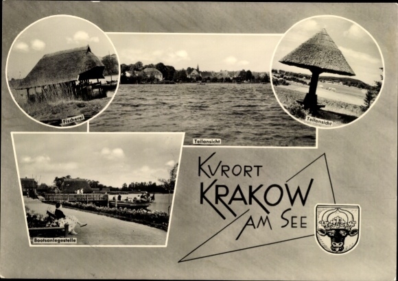 Postcard Krakow am See in Mecklenburg, fishermen, boat dock, partial view, partial view, Krakow ...