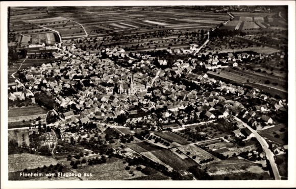 Postcard Flonheim in Rheinhessen, aerial view of many houses, fields, landscape