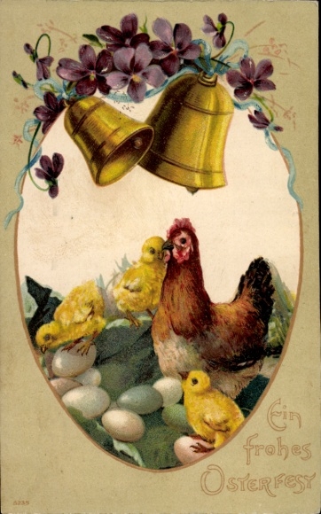 Ak Glückwunsch Ostern, Henne, Küken, Glocken, Veilchen