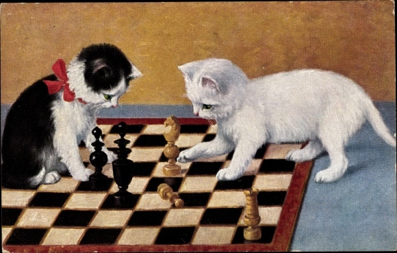 Postcard Two little cats play chess, chess board
