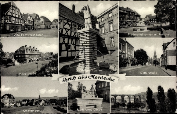 Ak Herdecke an der Ruhr, viaduct, gemeentehuis, fontein
