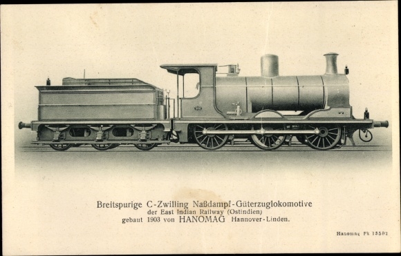 Postcard Indian Railways, wet steam freight locomotive, East Indian Railway, Hanomag