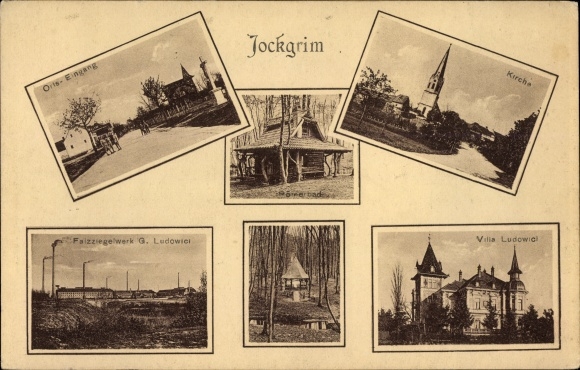 Postcard Jockgrim in the district of Germersheim, church, Villa Ludowici, interlocking tile factory