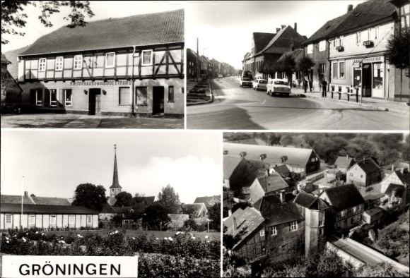 Postcard Gröningen district of Oschersleben, Kulturhaus zum Badestrand, Grabenstraße, church, dormitory LPG
