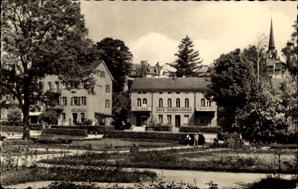 Postcard Bad Elster in Vogtland, Haus Rosengarten, buildings in the park, trees, people in the foreground