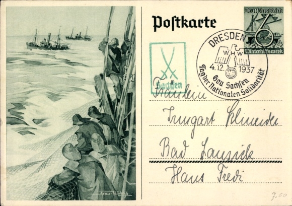 Postwaardestuk Ansichtkaart Axster Heudtlaß, vissers op volle zee, vissersboten