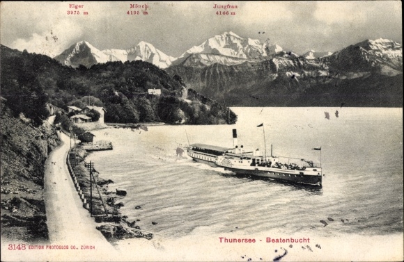 Postcard Thunersee Kanton Bern, Beatenbucht, Steamer