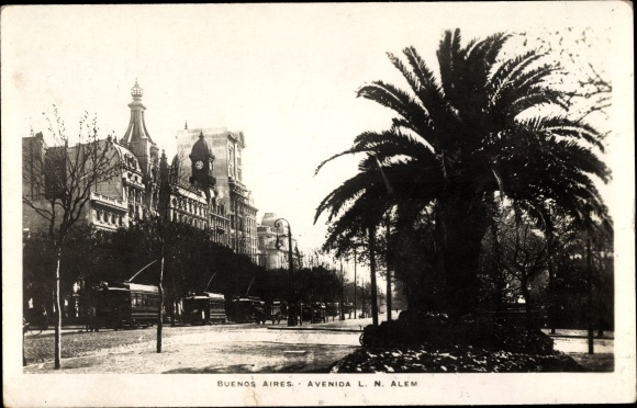 Postcard Buenos Aires Argentina, Avanida LN Alem, trams, palm trees