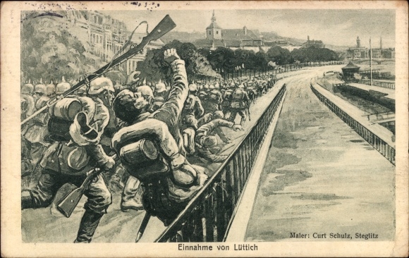 Postkaart van de kunstenaar Luik Luik Wallonië, de inname van Luik, soldaten marcheren binnen
