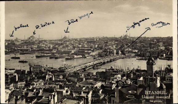 Ak Konstantinopel Istanbul Türkei, Panorama von  Hagia Sophia, Brücke, Bosporus, Schiffe