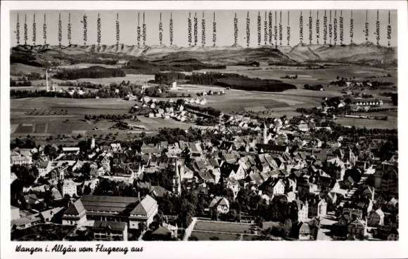 Postcard Wangen im Allgäu, aerial view of picturesque landscape, mountain view, buildings