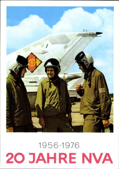 Postcard 20 years NVA 1956-1976, National People&#39;s Army of the GDR, fighter plane, pilot in uniform