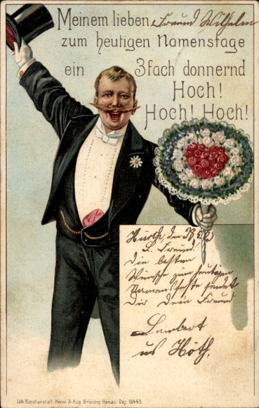 Chromo-Litho congratulations birthday, bouquet of flowers, man in tails, top hat