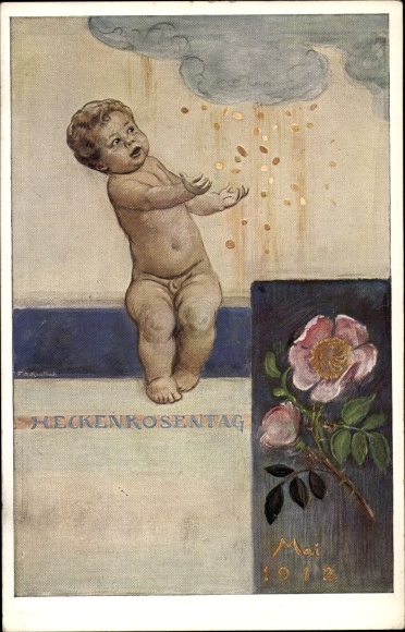 Artist PC Kaulbach, Friedrich August, Munich, Dog Rose Day May 1912, small child, rain of money