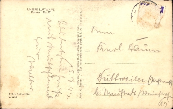 Postcard Luftwaffe, military aircraft, Dornier Do 17