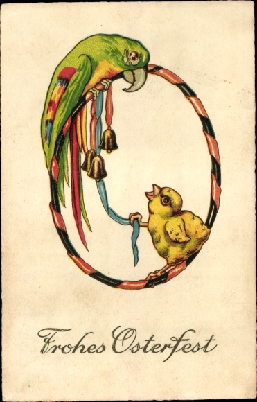 Postcard Happy Easter, chick, parrot, bells