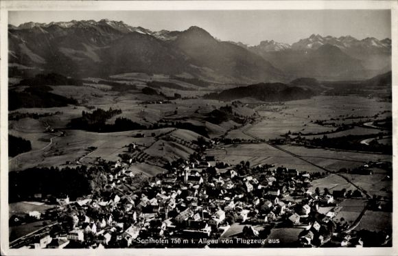 Postcard Sonthofen in the Upper Allgäu Swabia, aerial view of the Alpine panorama, Allgäu