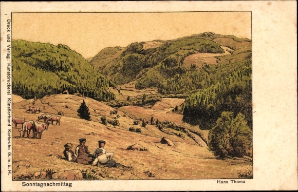 Artist Postcard Thoma, H., Sunday afternoon, farmers, cows