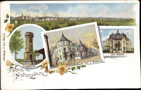 Chromo-Litho Dresden Ost Niedersedlitz, panorama, Lugturm, commercial building v. J. Mohaupt, Cafe Kuehne