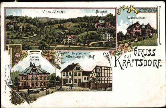 Chromo-Litho Kraftsdorf in Thuringia, restaurant, Altenburger Hof, convalescent home, residential area, post office