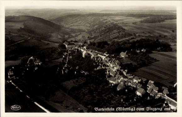Postcard Bartenstein Schrozberg in Württemberg, aerial photograph, Bartenstein, landscape, black and white, Fl
