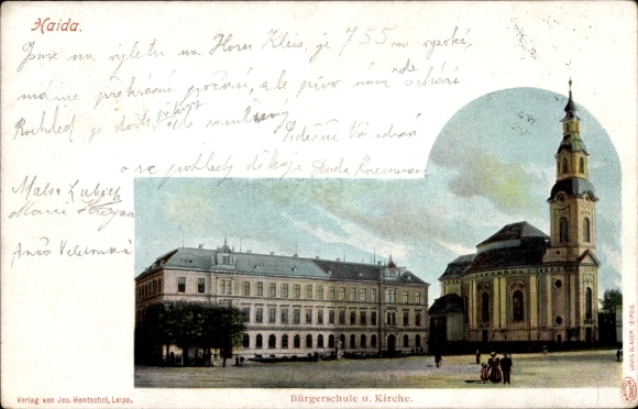 Postcard Haida near Elsterwerda, public school, church