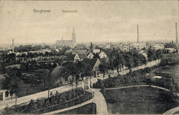 Ak Borghorst Steinfurt in Nordrhein Westfalen, Totalansicht der Ortschaft, Kirche, Parkanlage