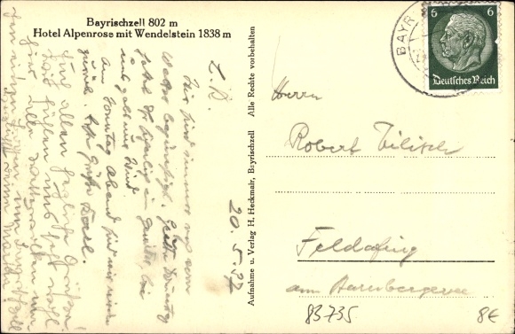 Postcard Bayrischzell in the Mangfall mountains of Upper Bavaria, Hotel Alpenrose with Wendelstein 1838 m