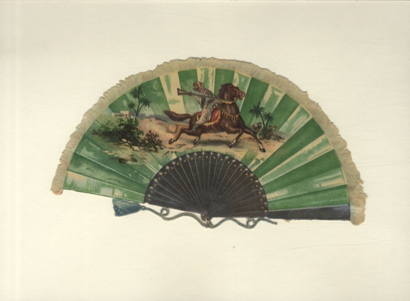 Oblate ladies fan with depiction of a rider in the desert, size approx. 12 x 22 cm