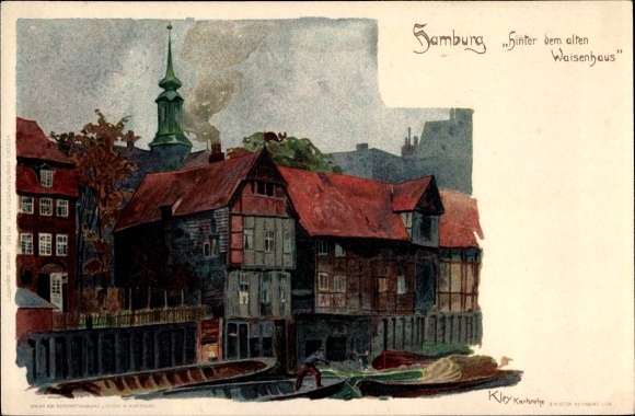 Kunstenaar litho Kley, Heinrich, Hamburg Mitte Altstadt, achter het oude weeshuis Lachmund
