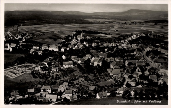 Postcard Bonndorf in the Black Forest, aerial view of Feldberg in the background