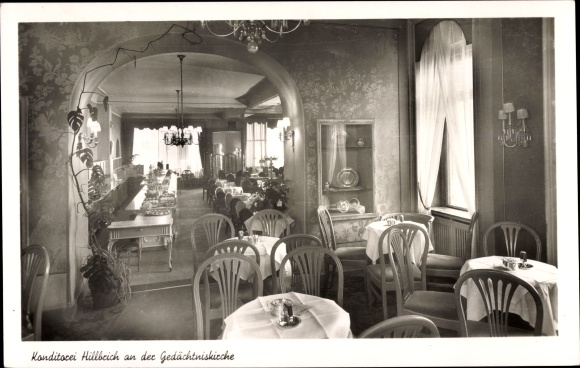 Postcard Berlin Wilmersdorf, Hillbrich pastry shop at the Memorial Church, Rankestrasse 30