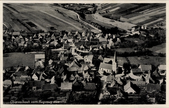 Postcard Obervolkach Volkach, Obervolkach from the plane, aerial view, no people, rural surroundings