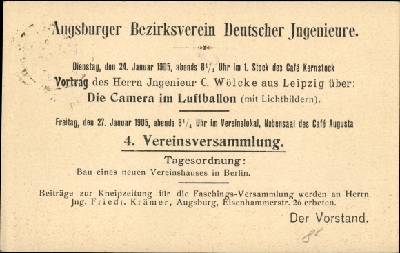 Postcard Augsburg in Swabia, district association of German engineers, lecture C. Wölcke from Leipzig