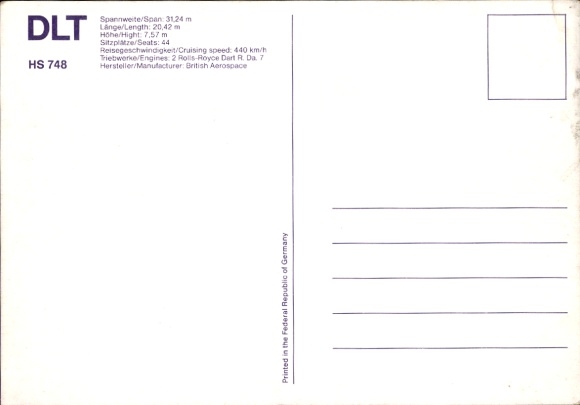 Postcard passenger aircraft HS 748, DLT, D-AHSC