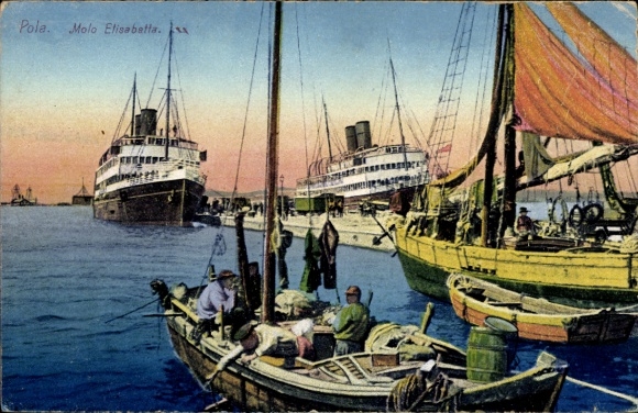 Postcard Pola Pula Croatia, Molo Elisabetta, steamships in the harbor, Austrian Lloyd