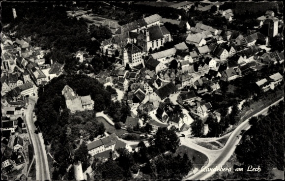Postcard Landsberg am Lech Upper Bavaria, aerial view of the city, buildings, street, nature, town