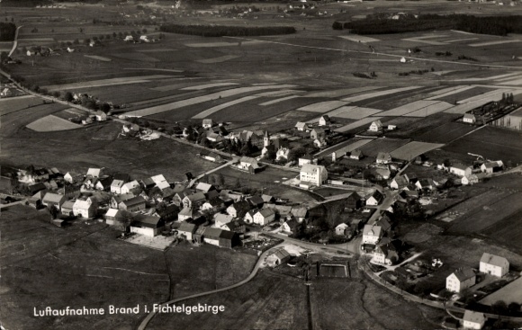 Postcard Brand in the Fichtelgebirge, aerial photograph, rural landscape, houses, fields, church