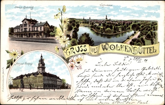 Chromo-Litho Wolfenbüttel in Lower Saxony, state train station, track side, castle, view of the town