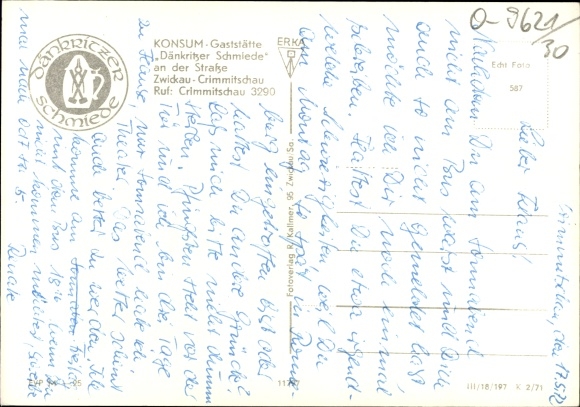 Postcard Crimmitschau in Saxony, consumption restaurant Dänkritzer Schmiede on the street