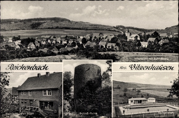 KP Reichenbach Hessich Lichtenau, panorama, Schlossberg, ruiny zamku, kąpielisko, budynek handlowy