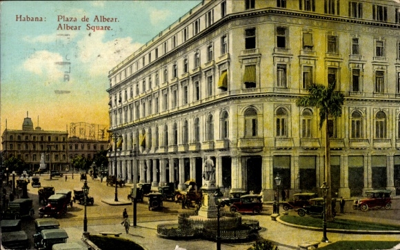 Postcard Havana Habana Cuba, Plaza de Albear, buildings, cars, statue