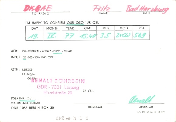 KP radio card DM3SGM, advertising Robotron, Robotron distribution Leipzig