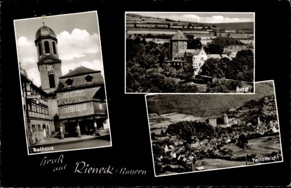 Postcard Rieneck in Spessart Lower Franconia, town hall, castle, partial view